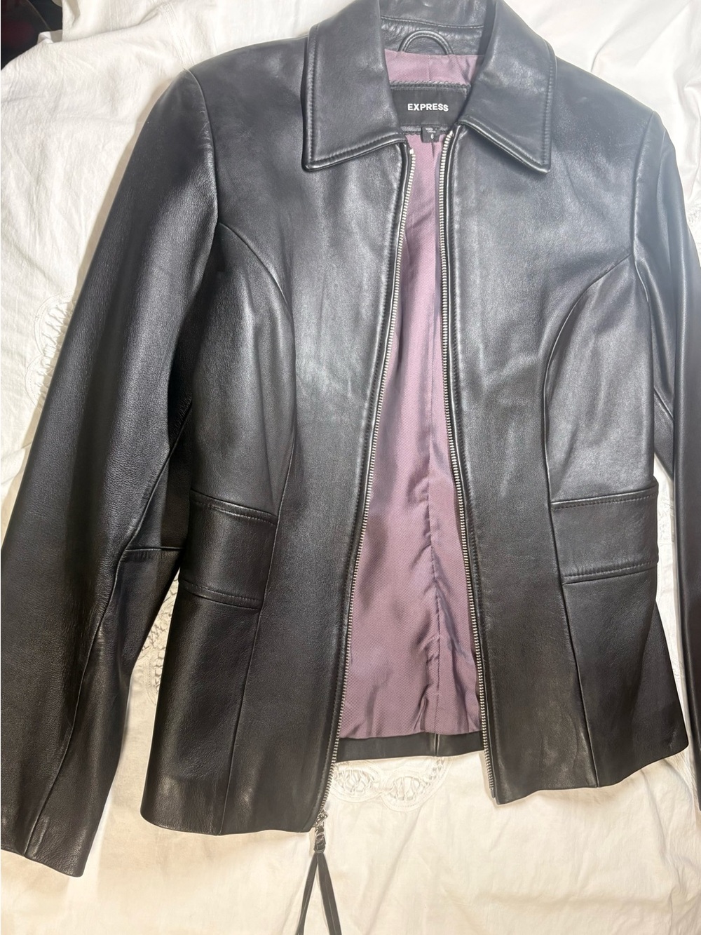 Express 100% Genuine Leather Black Zip Front Fitted Jacket Y2K Minimalist Sz 6 - Picture 6 of 12